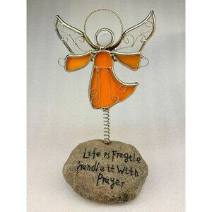 Stained Glass Angel Figurine Spring Rock Base Inspirational Quote 8"